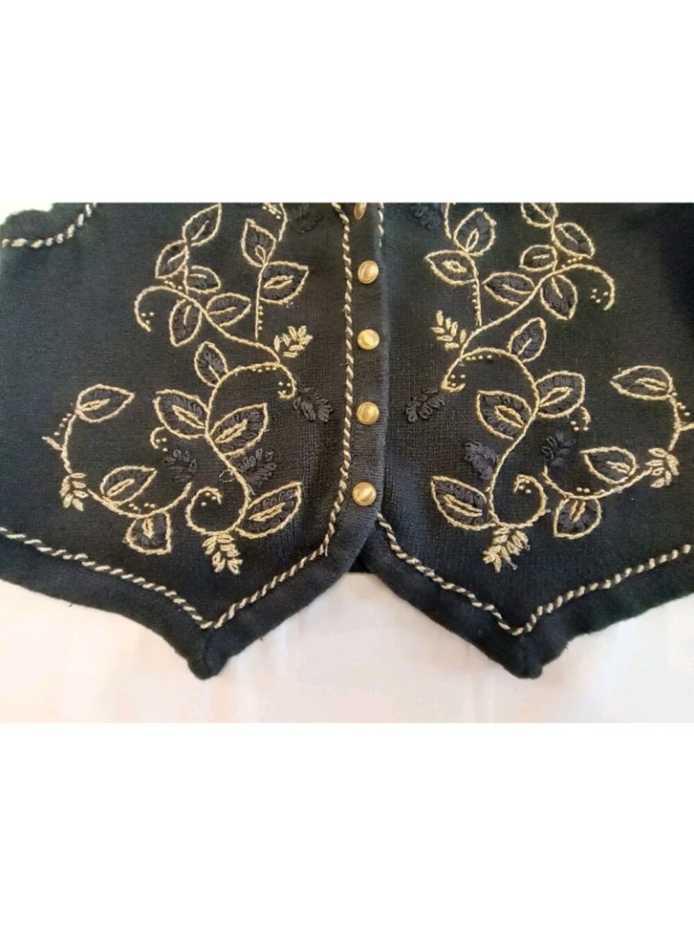 Yarnworks Women’s XL Black Embroidered Knit Vest Gold Leaf Design Boho Formal - Picture 7 of 12